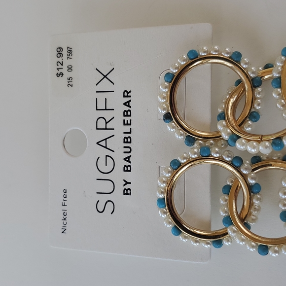 SugarFix by BaubleBar Long 3 Linked Gold Tone and Blue Nickel Free Earrings NWT - Picture 2 of 4
